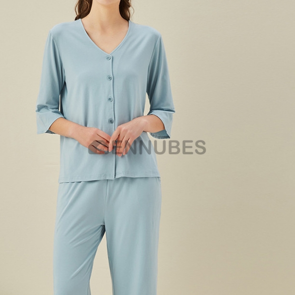 Pijamas Mujeres Traje Azul Botones Verano