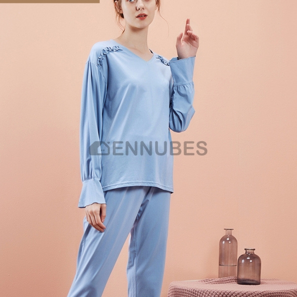 Pijamas Mujeres Azul Con Color Sólido