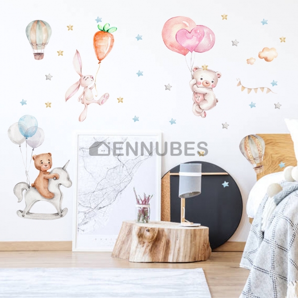 Pegatinas de Dormitorio Infantil de Conejos y Estrellas