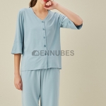 Pijamas Mujeres Traje Azul Botones Verano