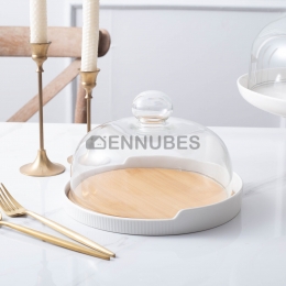 Bandeja Para Pasteles Con Tapa de Vidrio Madera de Bambú Fiesta