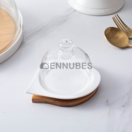 Bandeja Plato de Postre Cerámica Con Tapa de Vidrio Base de Bambú