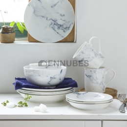 Cuenco Cerámica Patrón de Mármol Azul Vajilla Estilo Nórdico