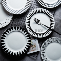 Plato Llano Plano Cerámica Negro Estampado Geométrico Estilo Nórdico