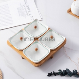 Tazón Cuenco Cuadrado Cerámica Tapa de Vidrio Bandeja de Bambú