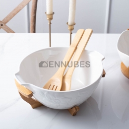 Bol Porcelana Cuenco Gran Capacidad Biauricular Bandeja de Bambú