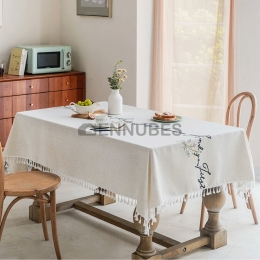 Mantel Nórdico Salón de Tela Algodón y Lino Borlas de Alta Calidad