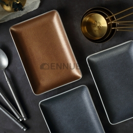 Platos Porcelana Cuero Esquina Redonda Larga Dorado Cerámica