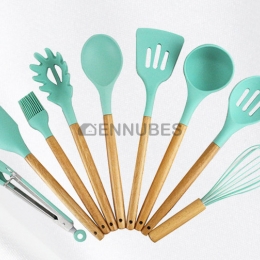 Utensilios de Cocina de Silicona de 9 Piezas con Mango de Madera