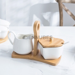 Azucarero Jarra Leche Cerámica Mango de Bambú Con Cuchara Corazón