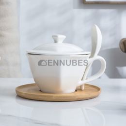 Taza Porcelana Cerámica Base de Bambú Cuchara Avena Blanco