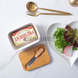 Plato Tazón para Mantequilla Relieve Con Cuchillo Tapa de Bambú